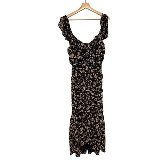 Floret Studios Black Floral Ruched Ruffle Short Sleeve Midi Dress Womens Size XL - Picture 2 of 7